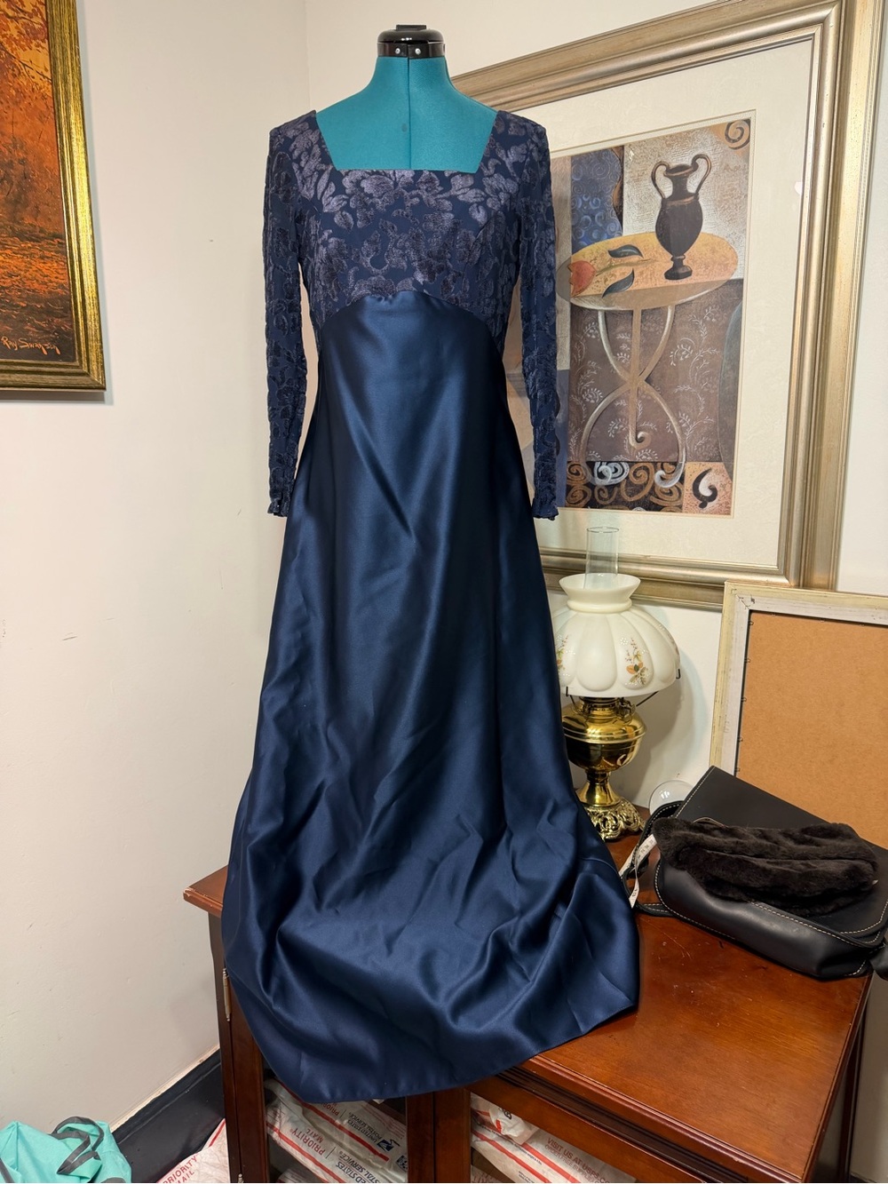 Vintage Alfred Angelo Navy Blue Satin & Lace Long Sleeve Evening Gown 11/12